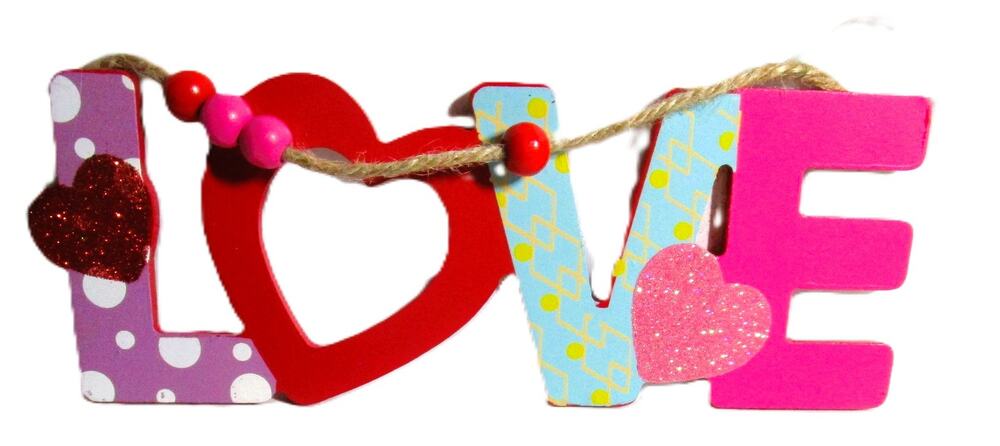 Wood Love Sign Valentine's Day Home Decor Glitter Hearts Rope Twine Hanger